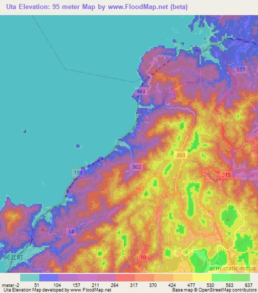 Uta,Japan Elevation Map