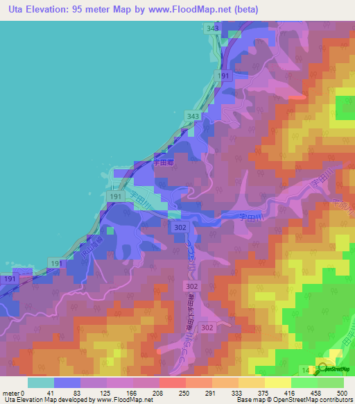 Uta,Japan Elevation Map