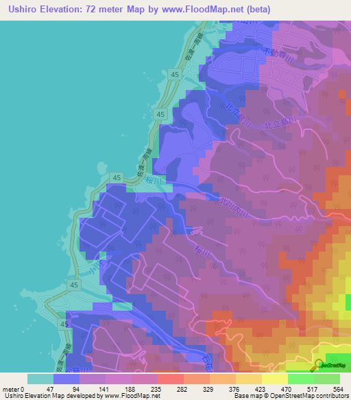 Ushiro,Japan Elevation Map