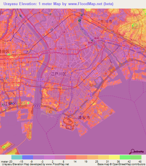 Urayasu,Japan Elevation Map