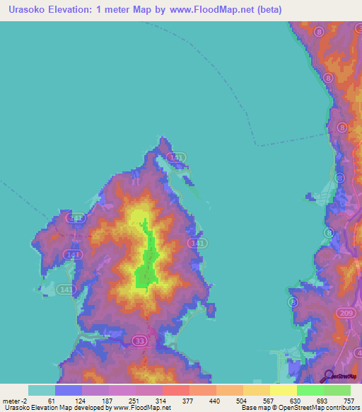 Urasoko,Japan Elevation Map