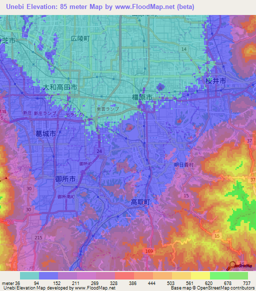 Unebi,Japan Elevation Map