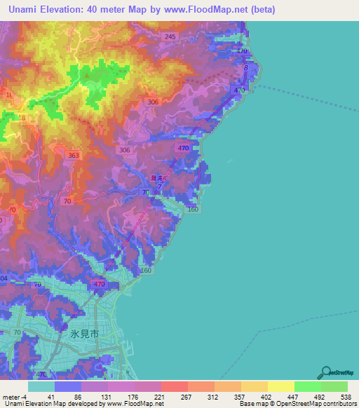 Unami,Japan Elevation Map