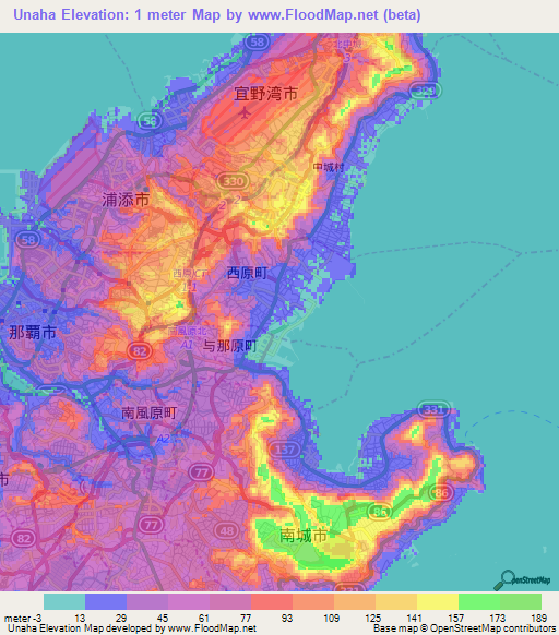Unaha,Japan Elevation Map