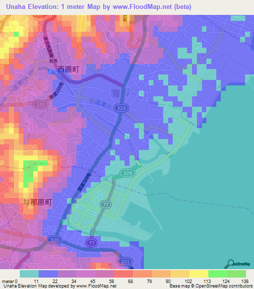 Unaha,Japan Elevation Map