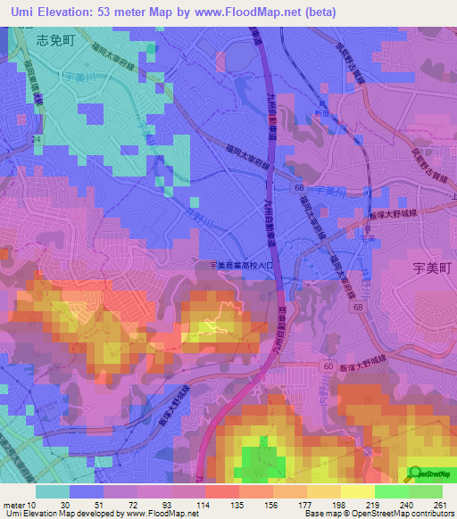 Umi,Japan Elevation Map