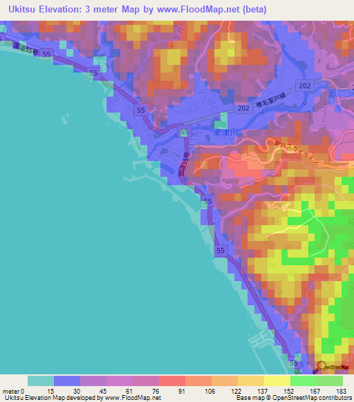Ukitsu,Japan Elevation Map