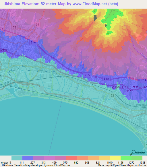 Ukishima,Japan Elevation Map
