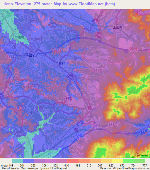 Ueno,Japan Elevation Map