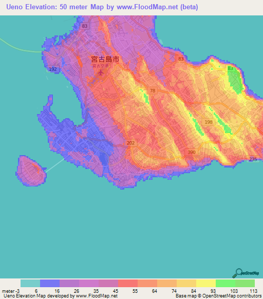 Ueno,Japan Elevation Map
