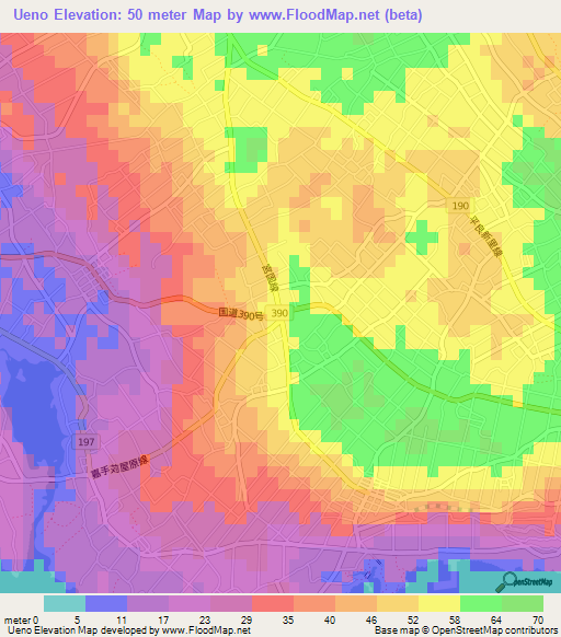 Ueno,Japan Elevation Map