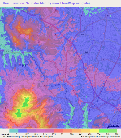 Ueki,Japan Elevation Map