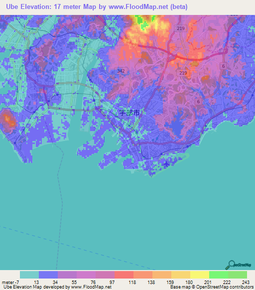 Ube,Japan Elevation Map