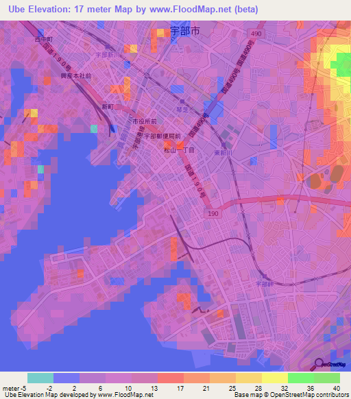 Ube,Japan Elevation Map