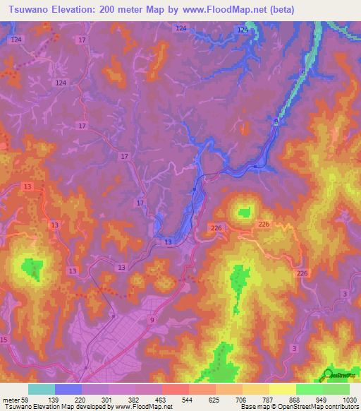 Tsuwano,Japan Elevation Map