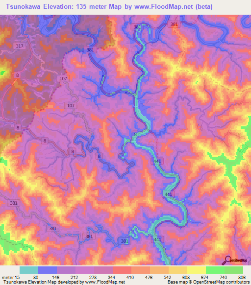 Tsunokawa,Japan Elevation Map