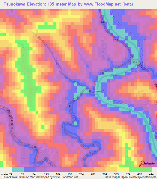 Tsunokawa,Japan Elevation Map