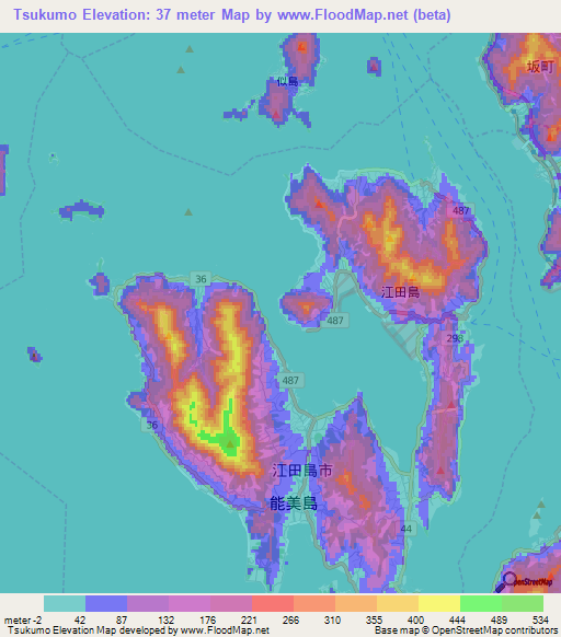 Tsukumo,Japan Elevation Map
