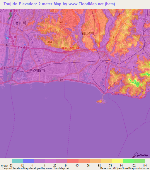Tsujido,Japan Elevation Map