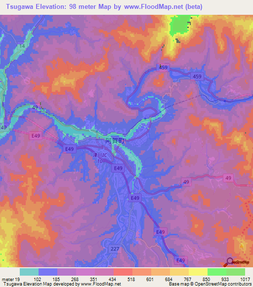 Tsugawa,Japan Elevation Map