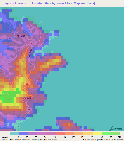 Toyoda,Japan Elevation Map