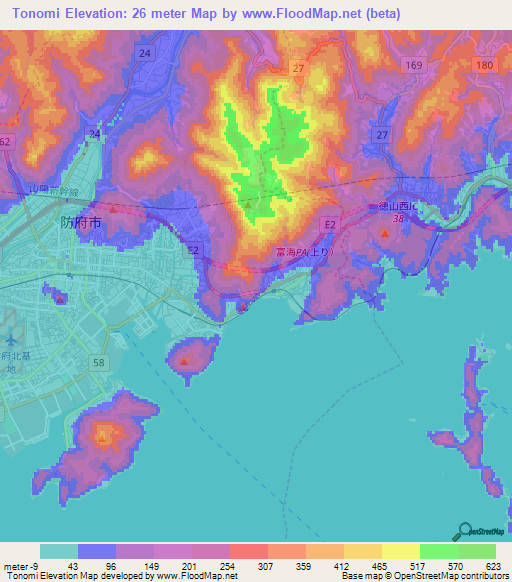 Tonomi,Japan Elevation Map
