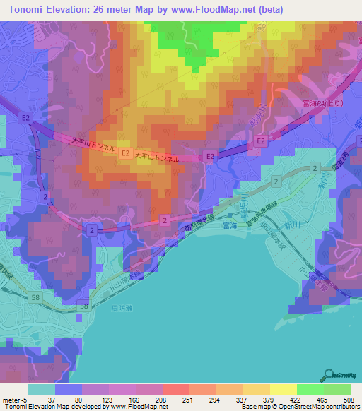 Tonomi,Japan Elevation Map