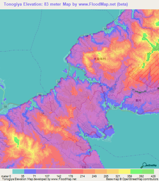 Tonogiya,Japan Elevation Map