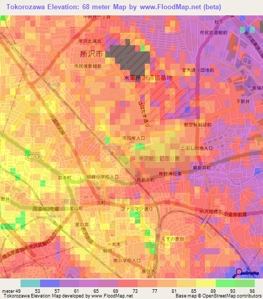 Tokorozawa,Japan Elevation Map