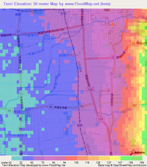Tenri,Japan Elevation Map