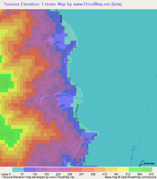 Tenoura,Japan Elevation Map