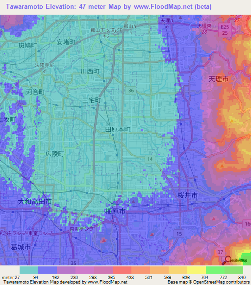 Tawaramoto,Japan Elevation Map
