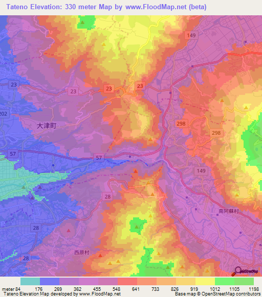 Tateno,Japan Elevation Map