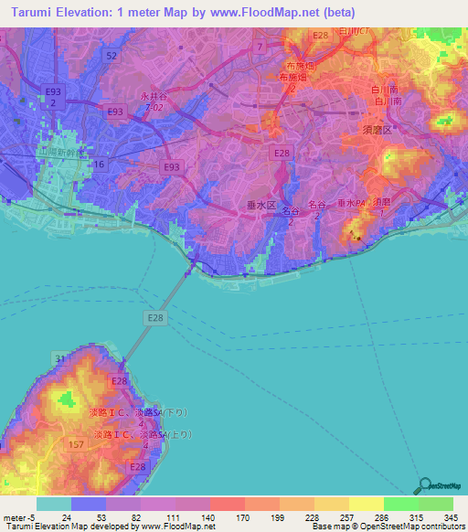 Tarumi,Japan Elevation Map