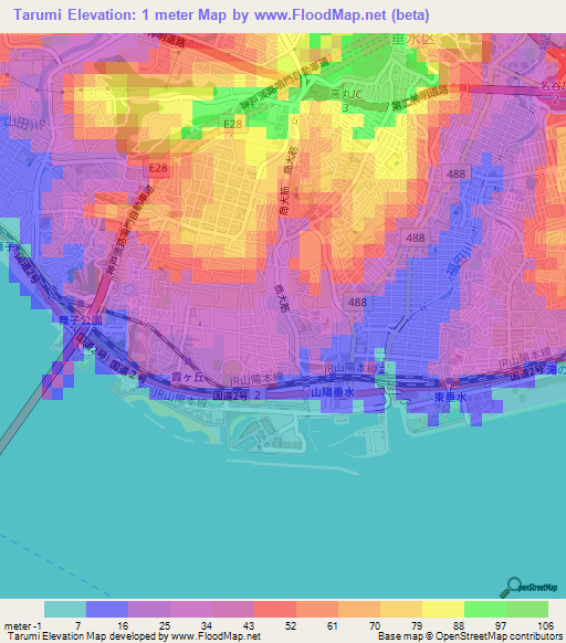 Tarumi,Japan Elevation Map