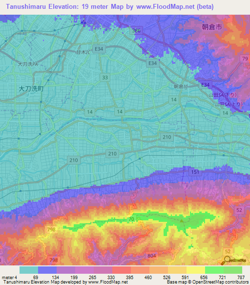Tanushimaru,Japan Elevation Map