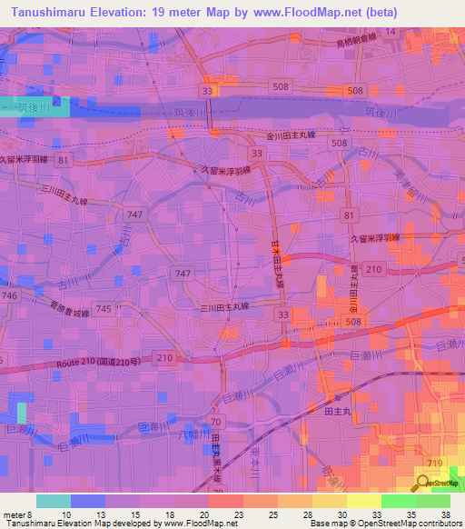 Tanushimaru,Japan Elevation Map