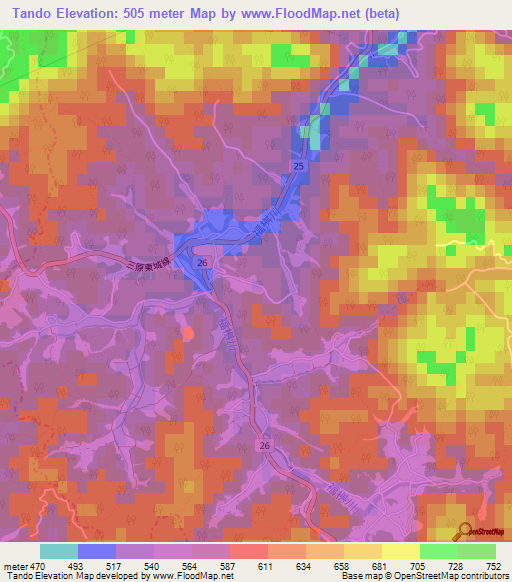 Tando,Japan Elevation Map
