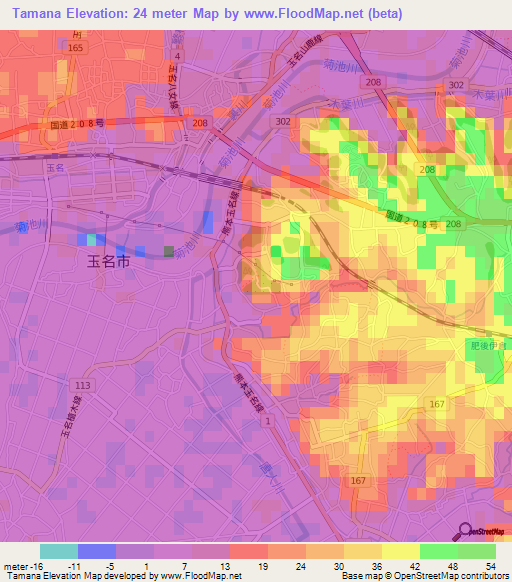 Tamana,Japan Elevation Map