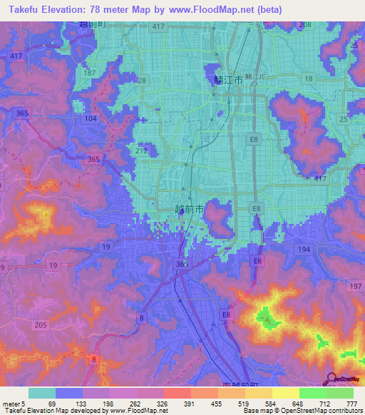 Takefu,Japan Elevation Map