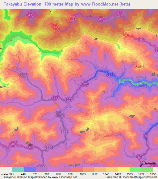 Takayabu,Japan Elevation Map