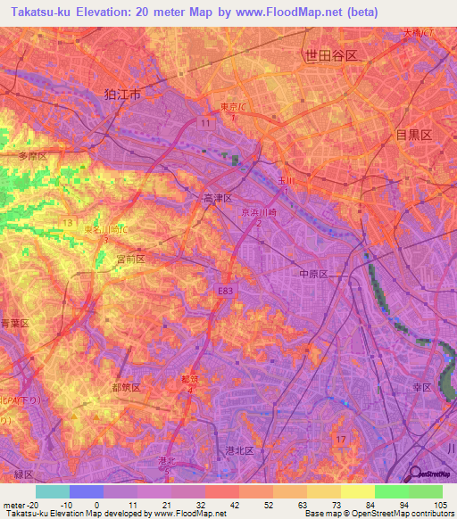 Takatsu-ku,Japan Elevation Map