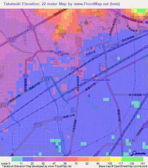 Takatsuki,Japan Elevation Map