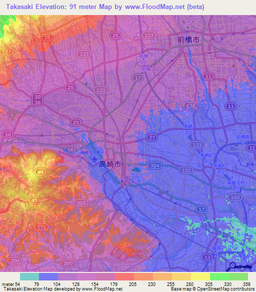 Takasaki,Japan Elevation Map