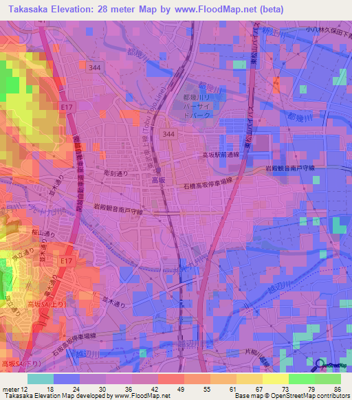 Takasaka,Japan Elevation Map