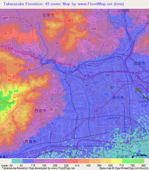 Takarazuka,Japan Elevation Map