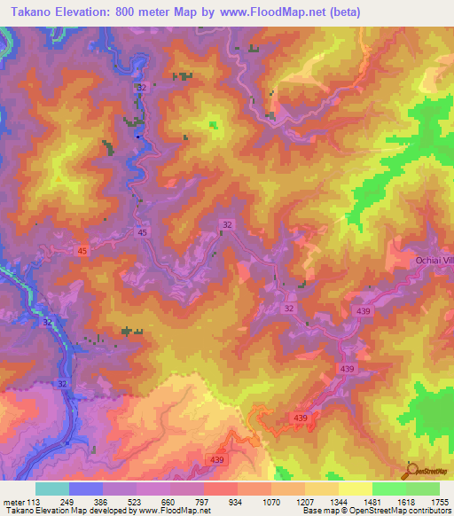 Takano,Japan Elevation Map