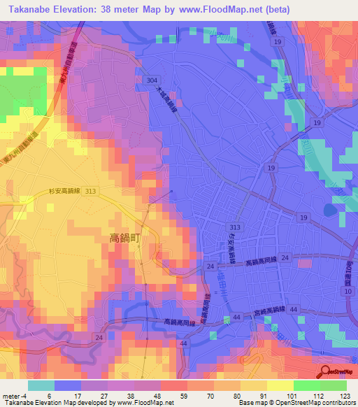 Takanabe,Japan Elevation Map