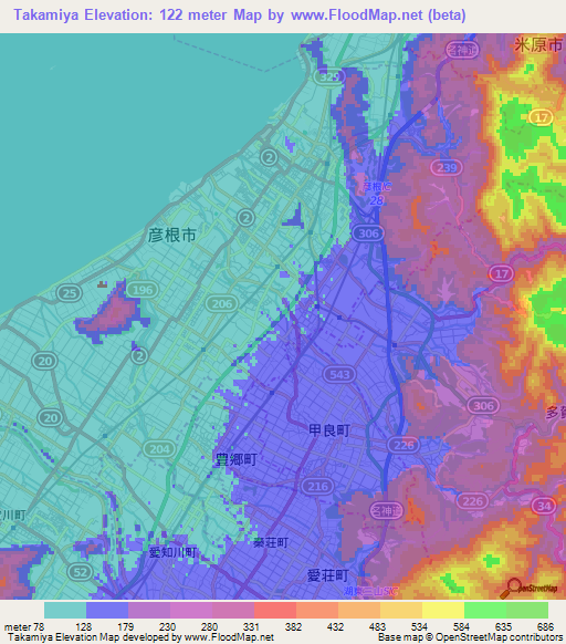 Takamiya,Japan Elevation Map