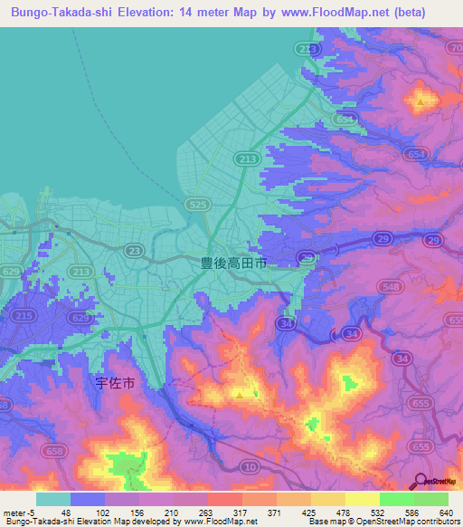 Bungo-Takada-shi,Japan Elevation Map